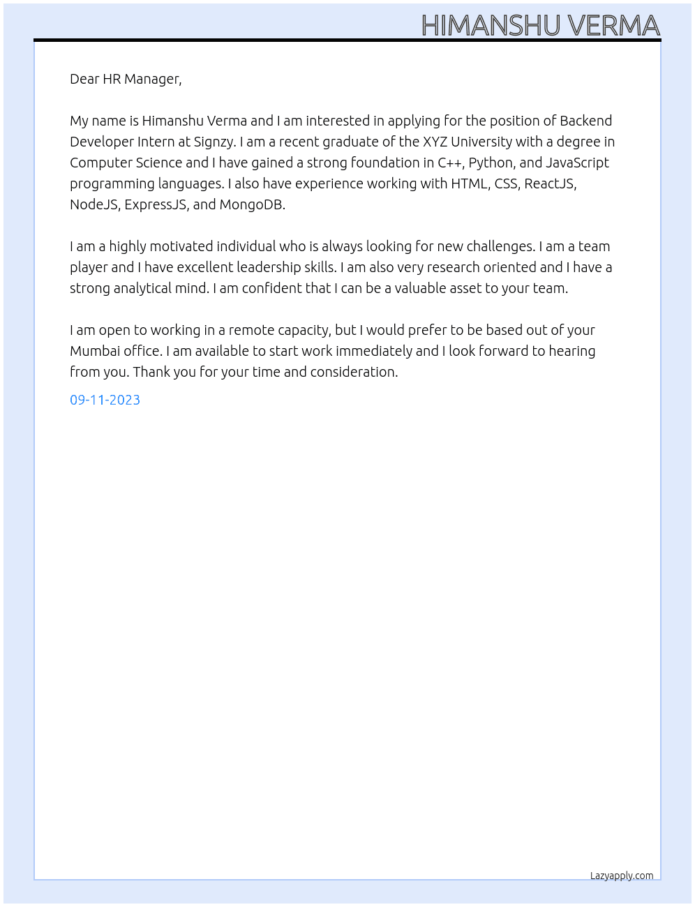 Backend Developer Intern At Signzy Cover Letter