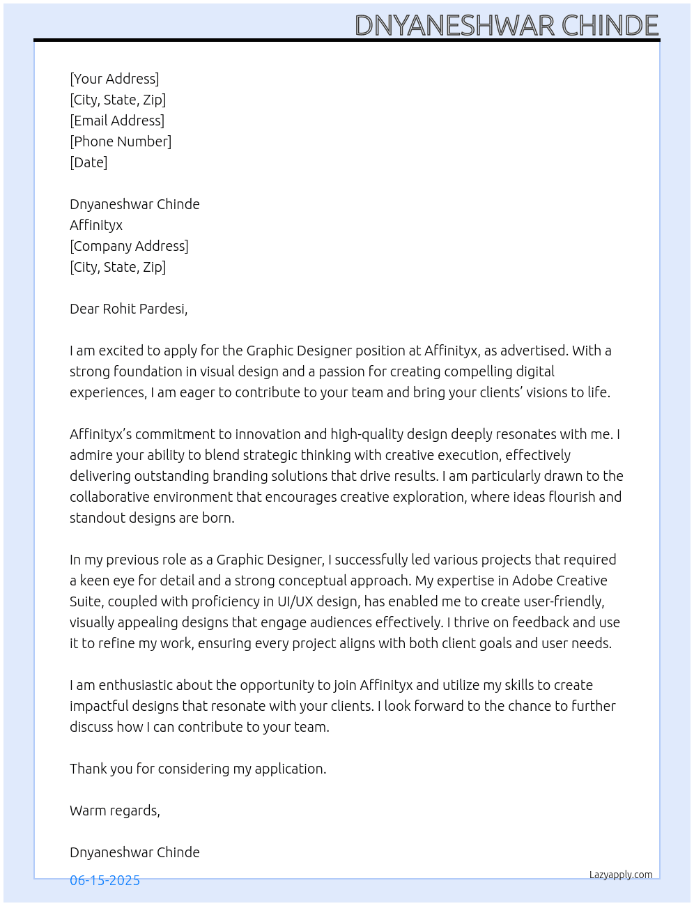 Graphic Designer  At Affinityx  Cover Letter