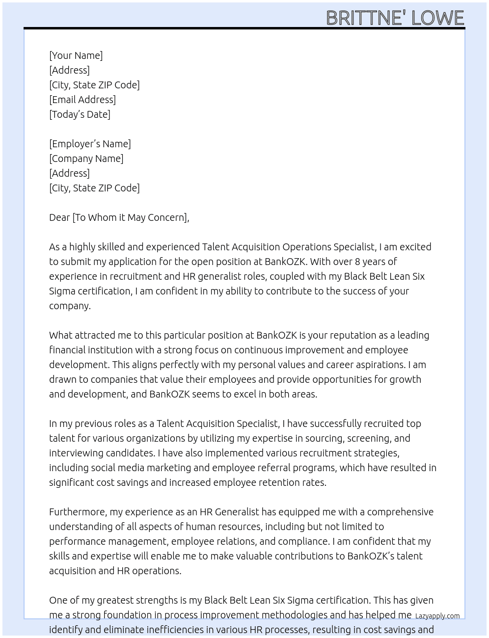Talen Acquistion Operations Specialist At BankOZK Cover Letter