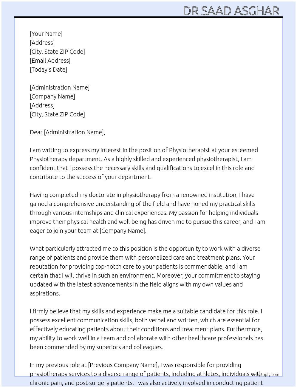 Physiotherapist  At Physiotherapy department Cover Letter