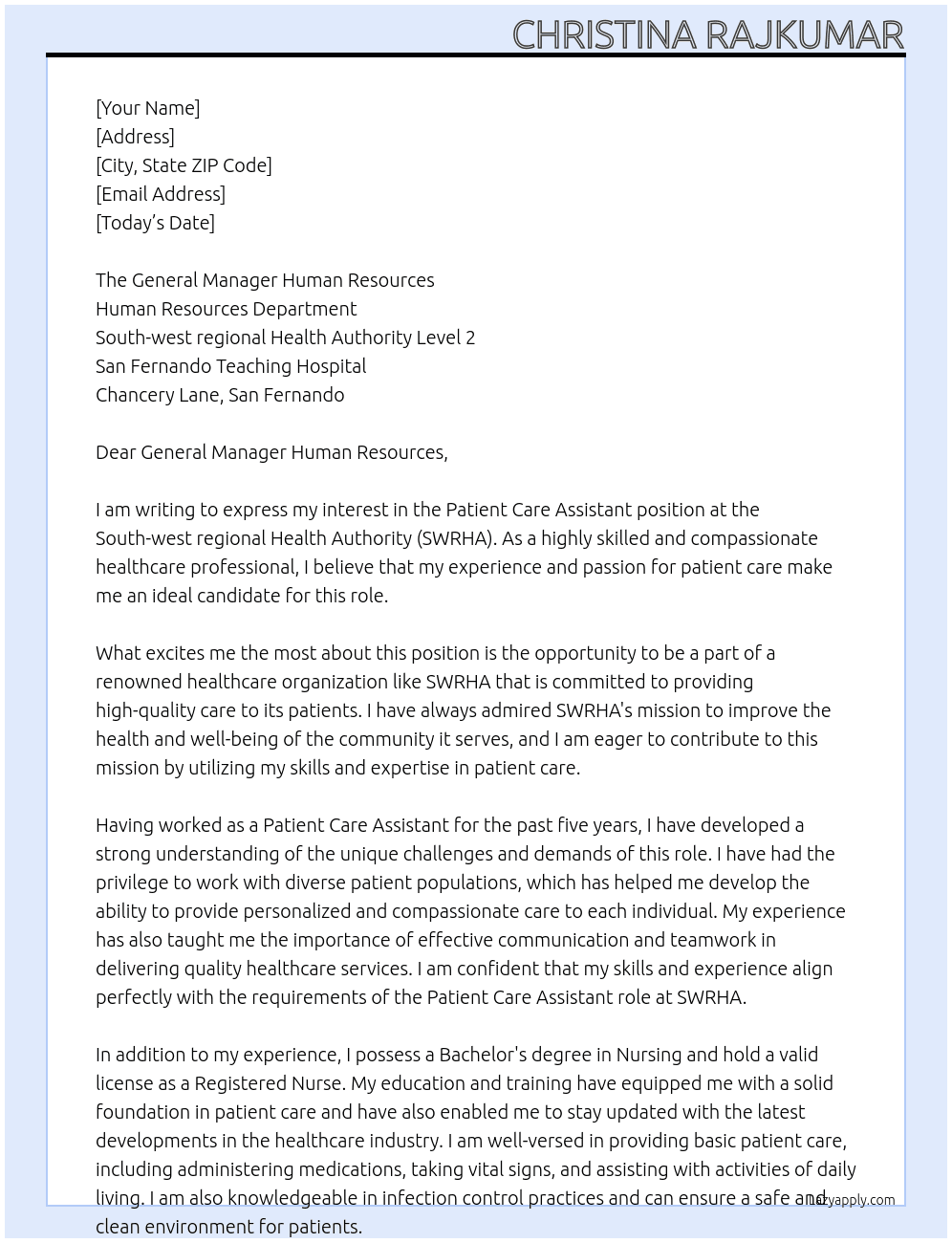 Patient Care Assistant At SWRHA Cover Letter