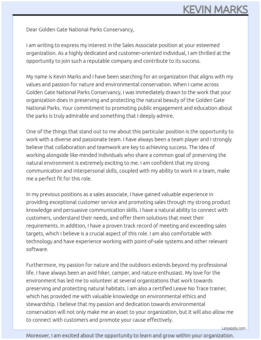 Sales Associate At Golden Gate National Parks Conservancy Cover Letter