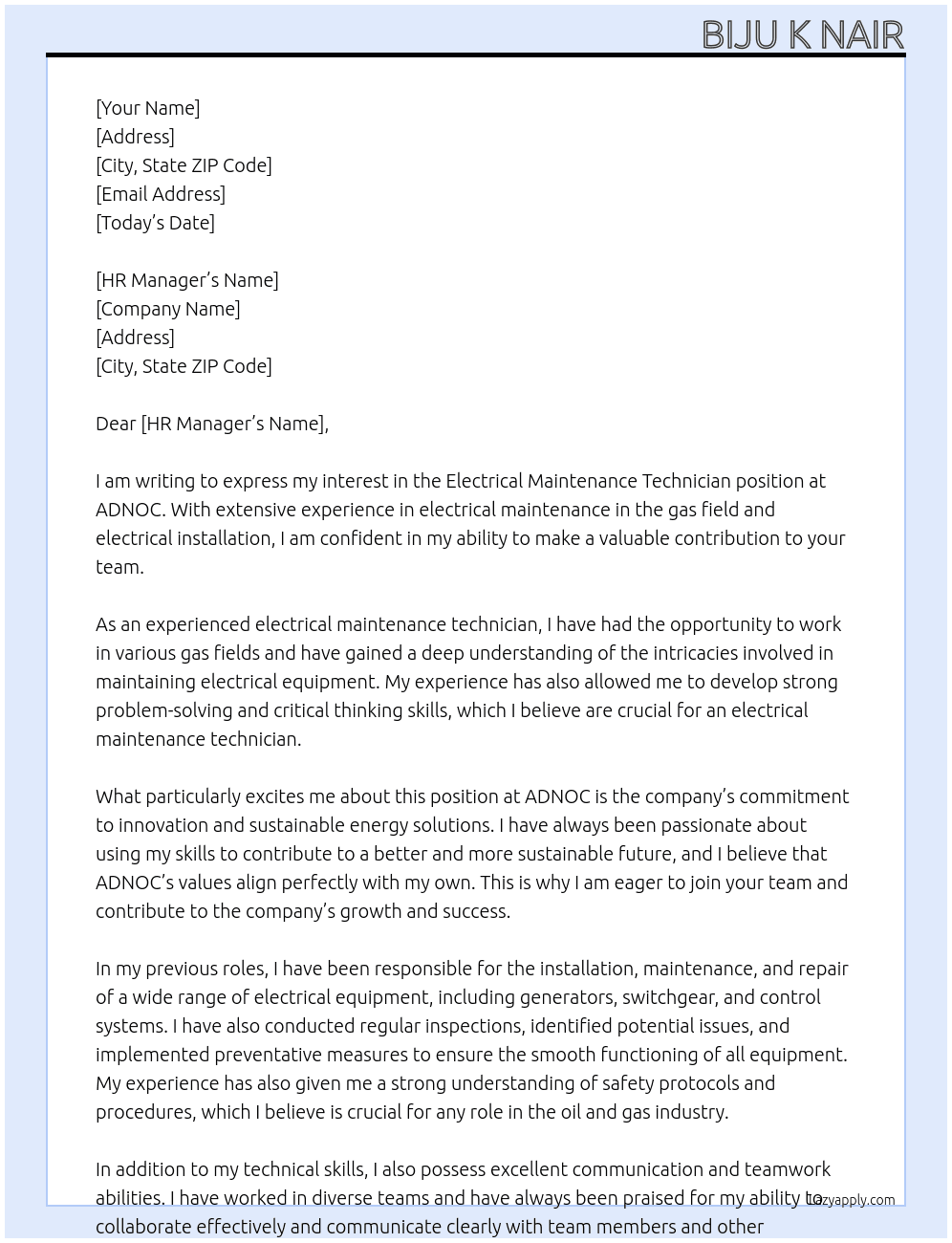 electrical maintenance technician At ADNOC Cover Letter