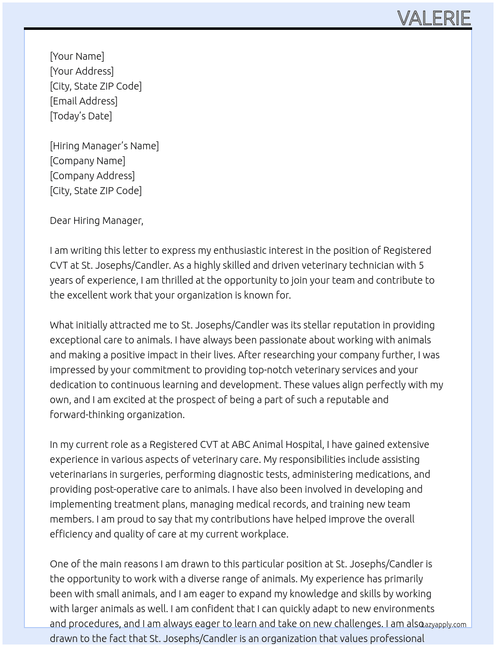 Registered CVT  At St.Josephs/Candler Cover Letter