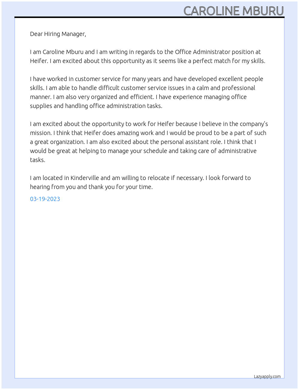 Office Administrator At Heifer Cover Letter