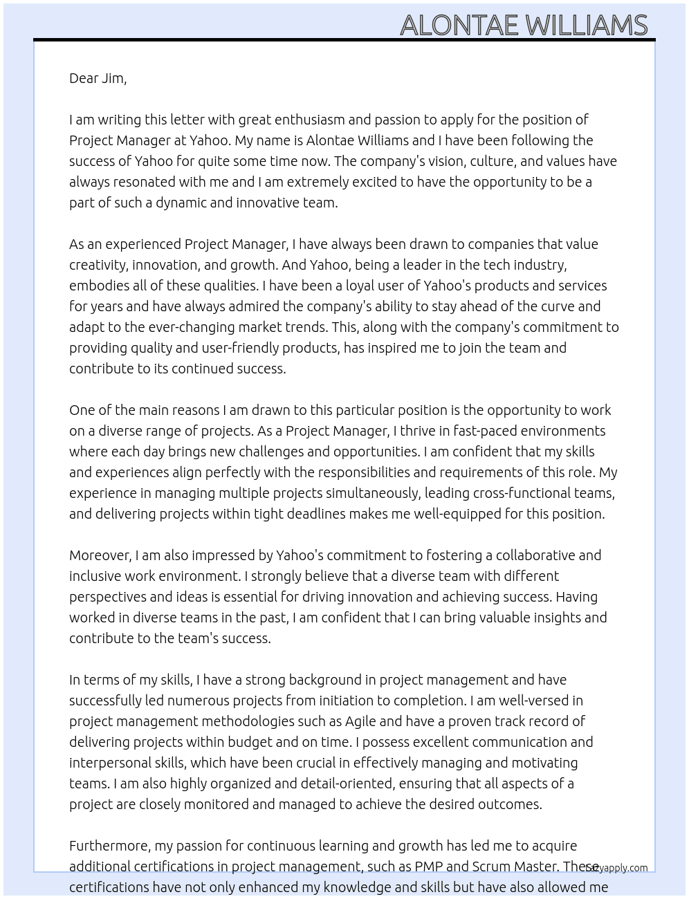 Project manager  At Yahoo  Cover Letter