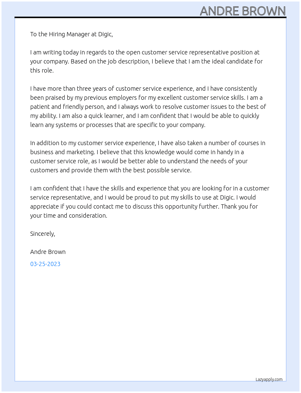 Customer service representative  At Digic Cover Letter