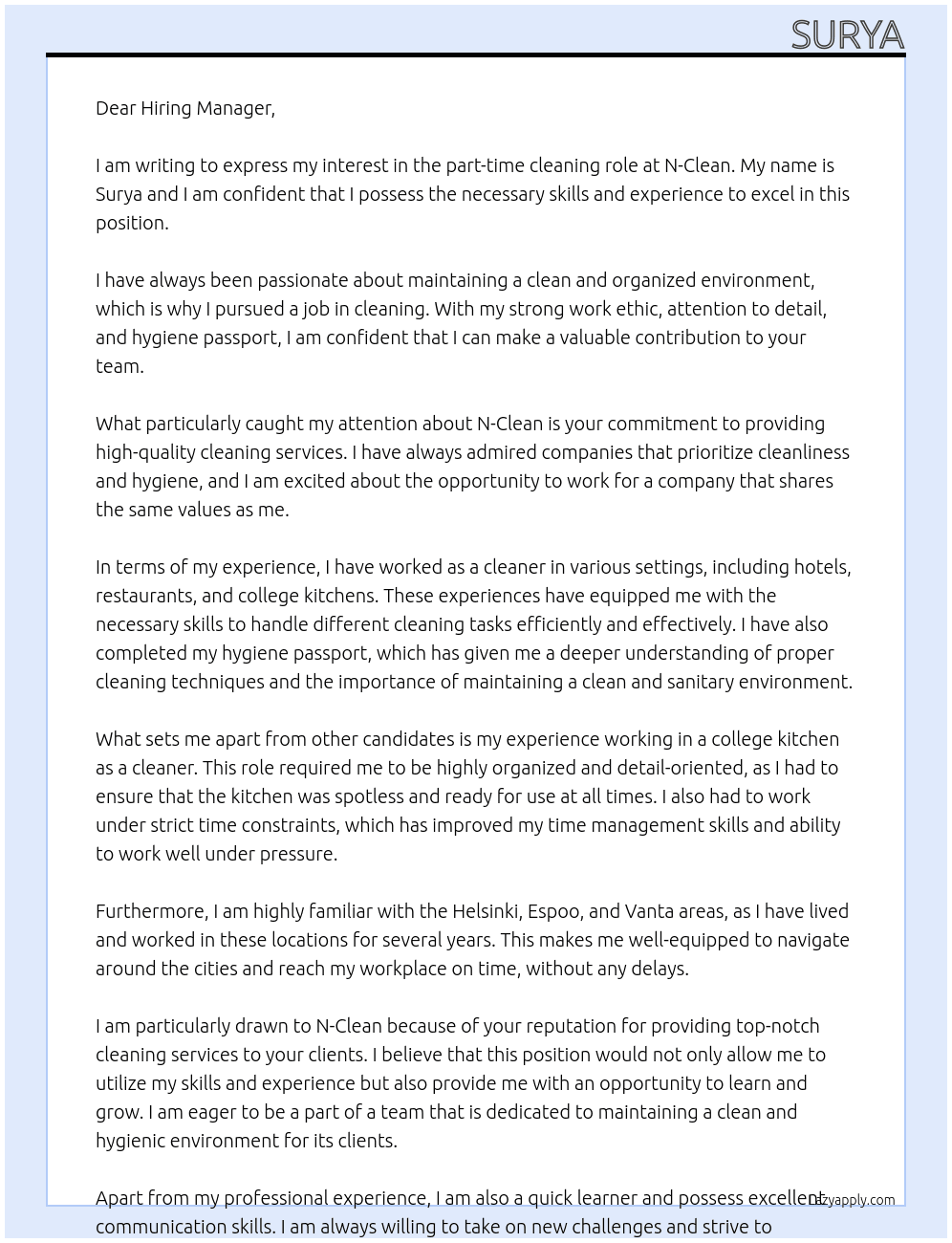 cleaning At n-clean Cover Letter