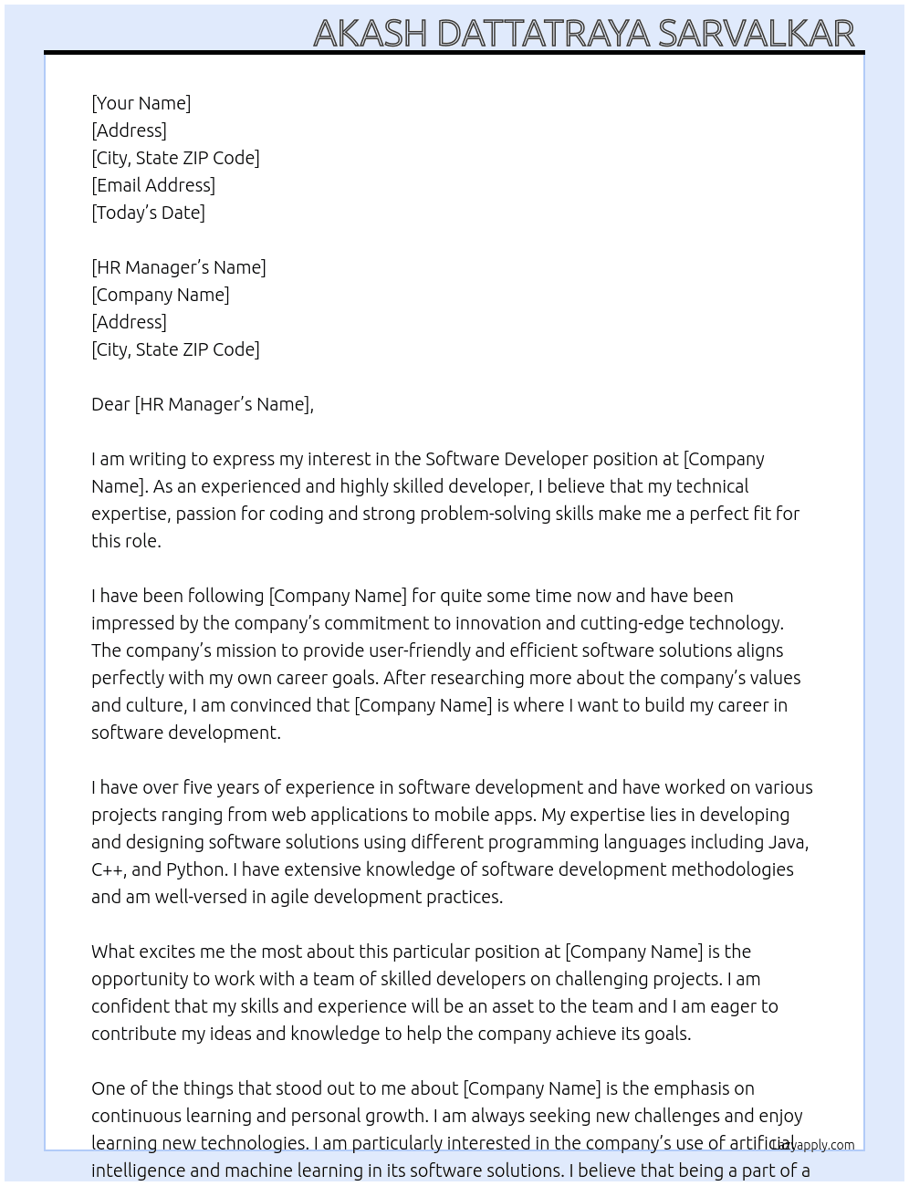 softwere  devloper At your Cover Letter