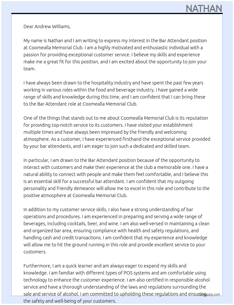 Bar Attendand At Coomealla Memorial Club Cover Letter