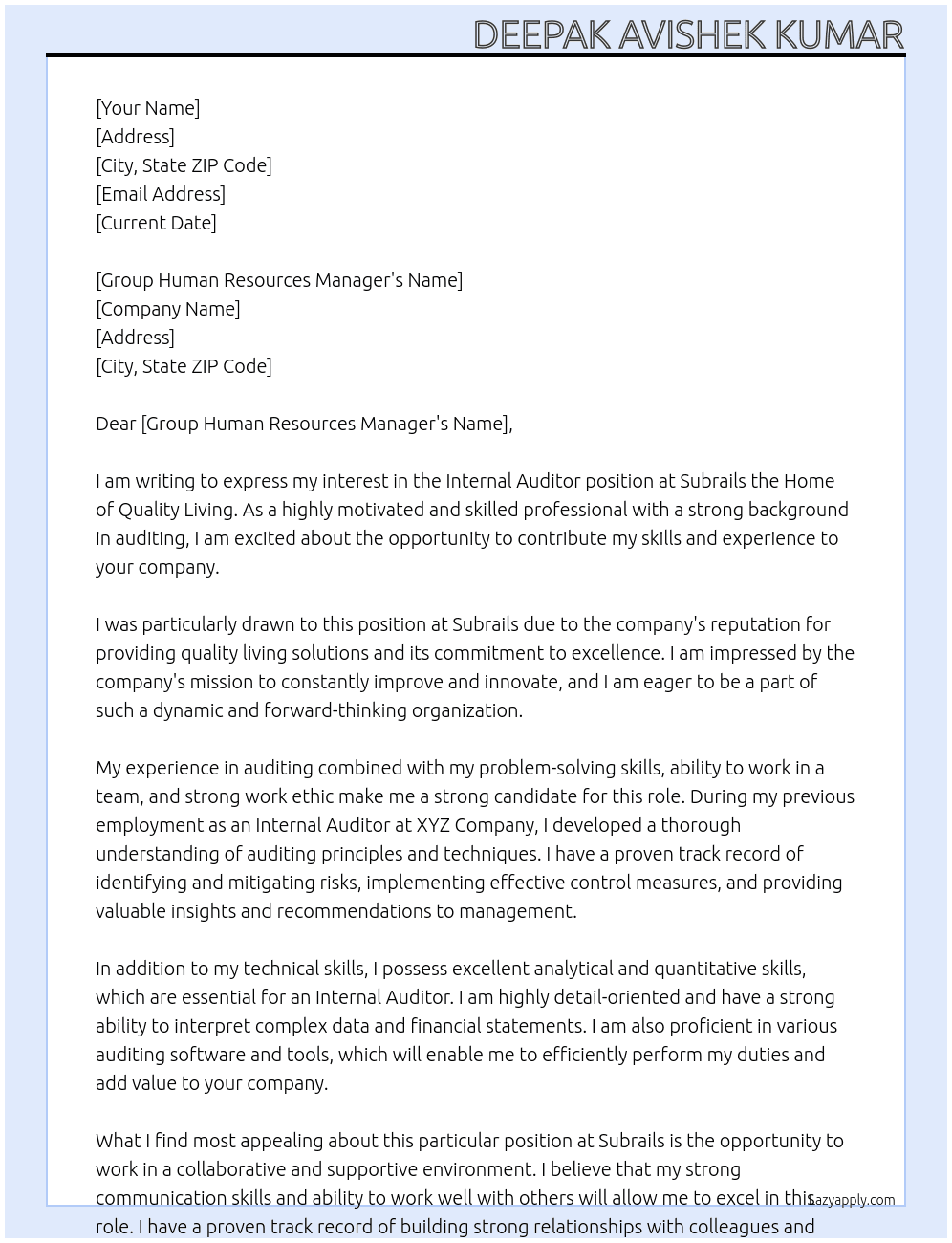 Internal Auditor At Subrails the Home of Quality Living Cover Letter