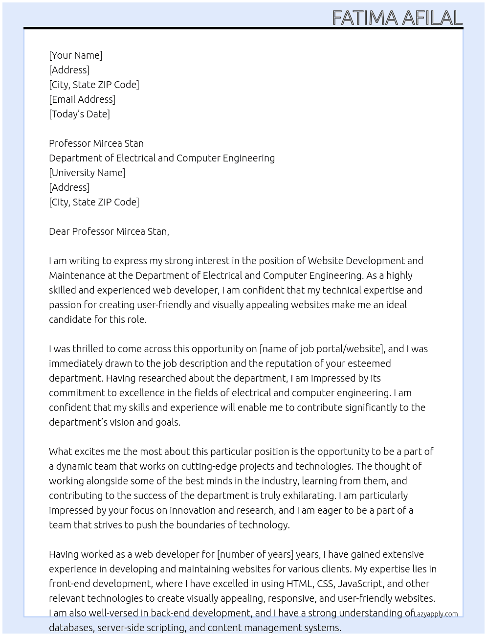 Website Development and Maintenance At  Department of Electrical and Computer Engineering Cover Letter