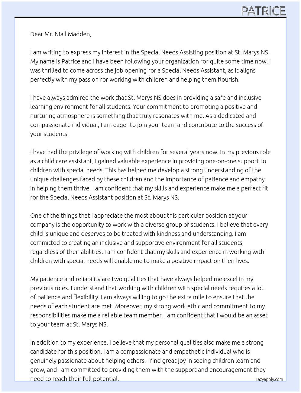 Special needs assisting  At st Marys NS Cover Letter