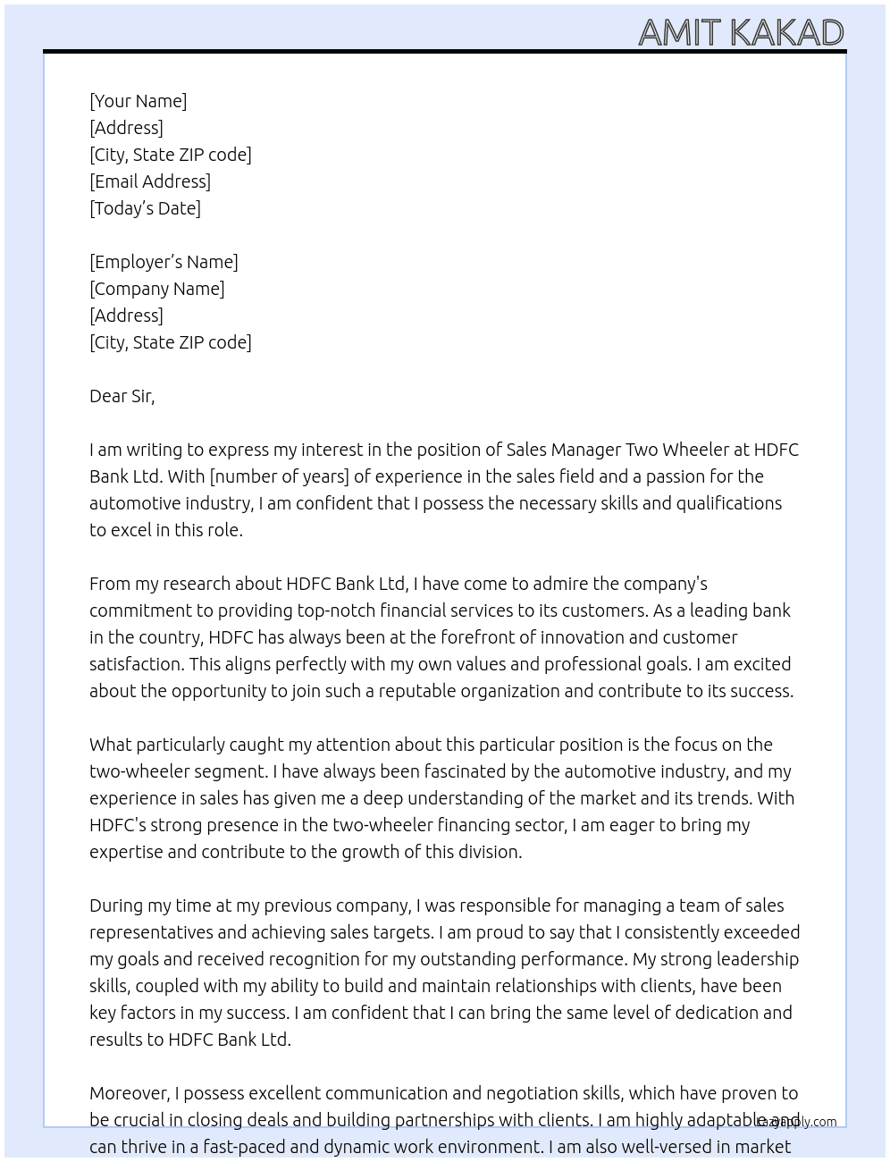 Sales Manager Two Wheeler At Hdfc Bank Ltd Cover Letter