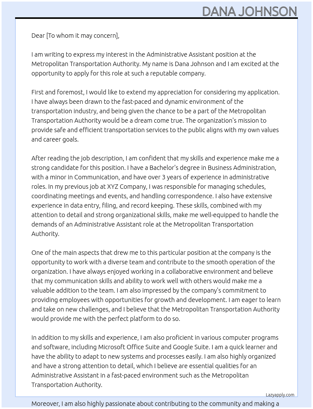 Administrative Assistant At Metropolitan Transportation Authority  Cover Letter