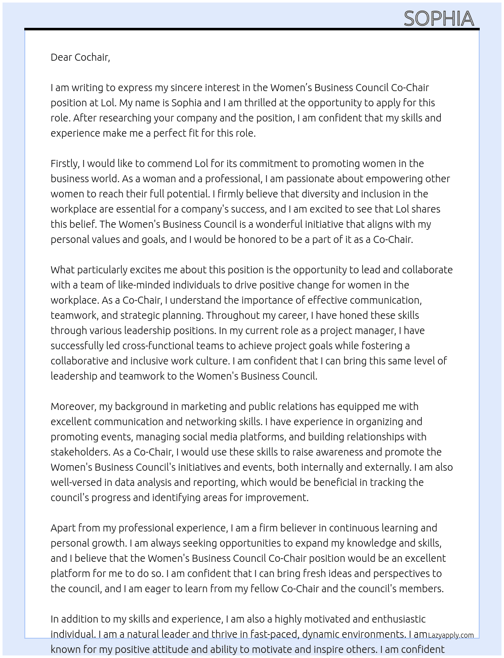 Women’s business council co chair At Lol Cover Letter