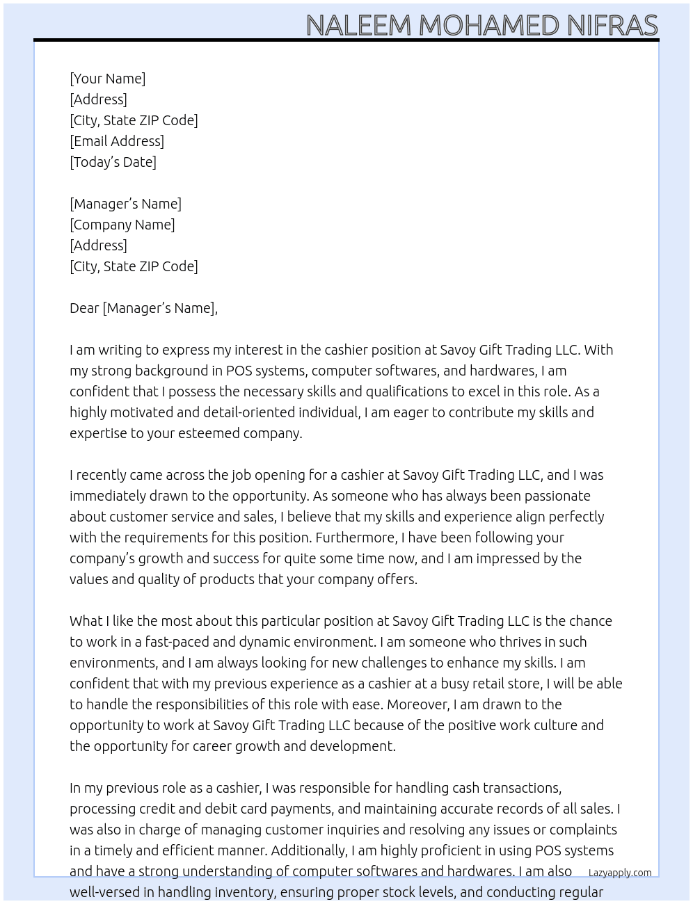 cashier At SAVOY GIFT TRADING LLC  Cover Letter
