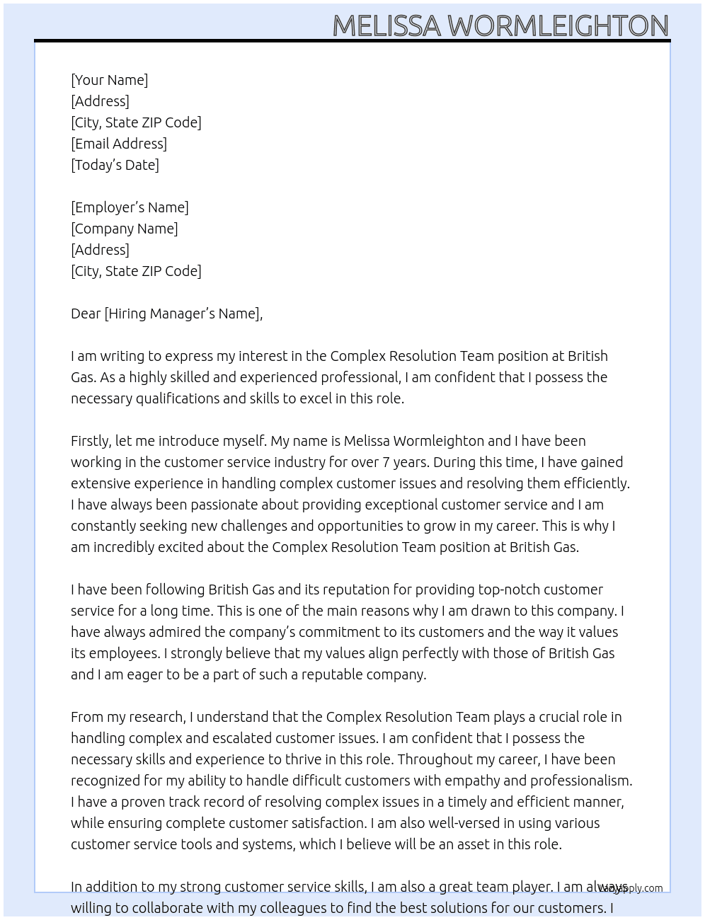 Complex Resolution Team At British Gas Cover Letter