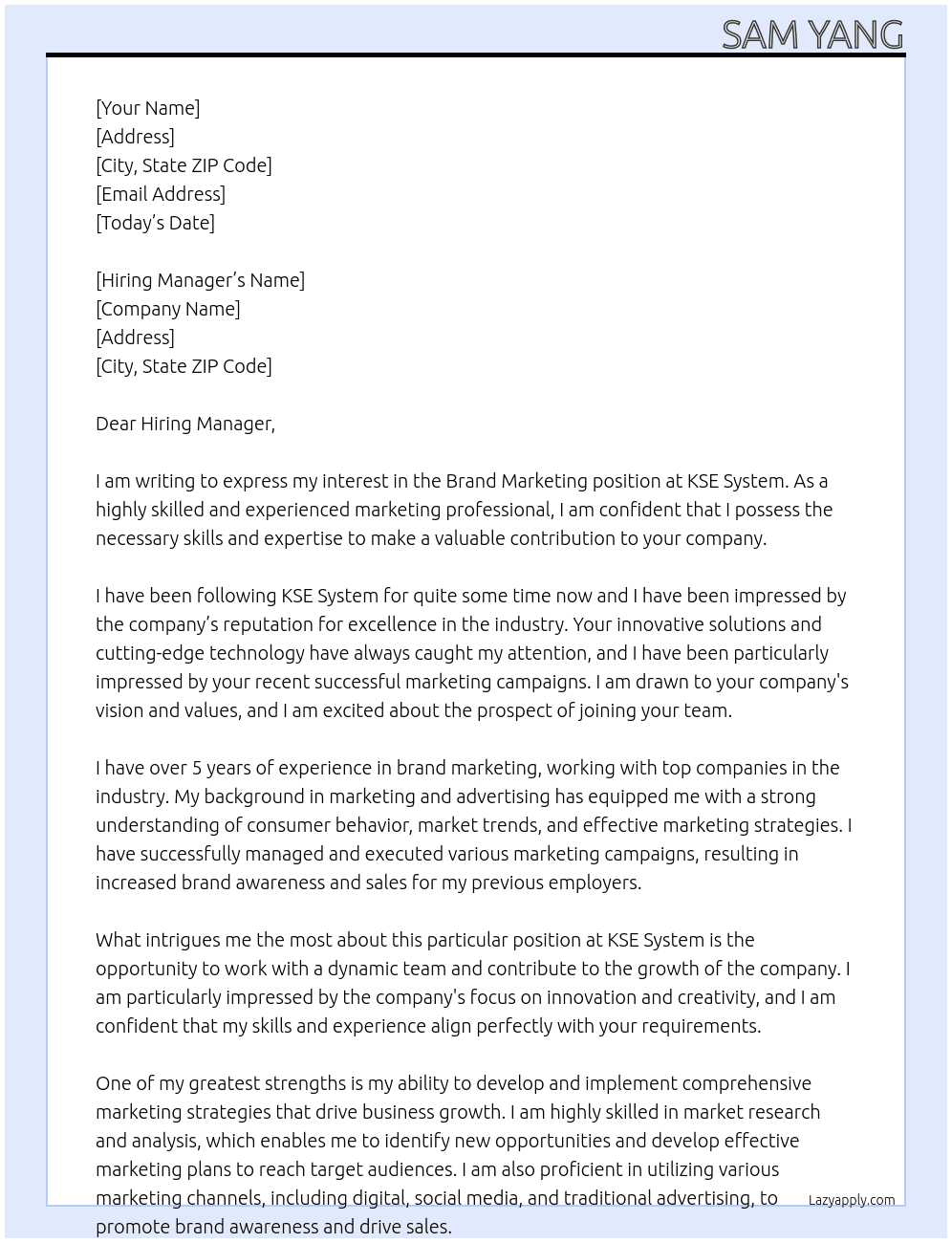 brand marketing At KSE System Cover Letter