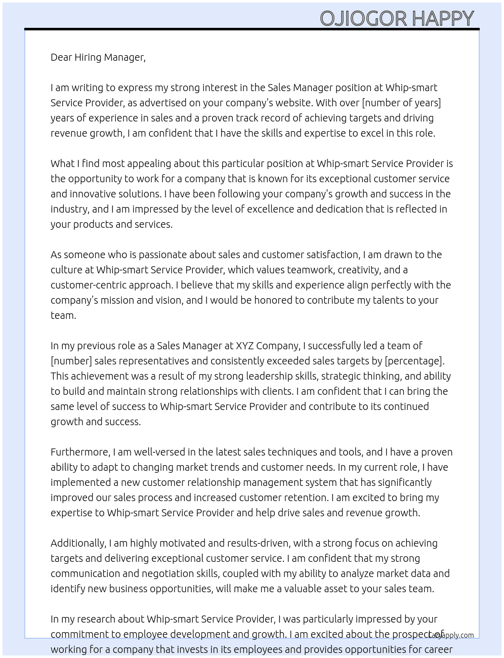 Sales manager At Whip-smart Service Provider Cover Letter