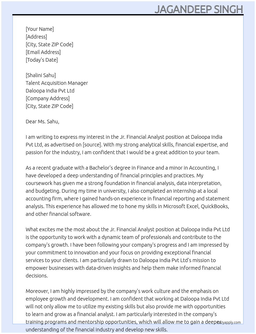 Jr. Financial Anlyst At Daloopa India Pvt ltd Cover Letter