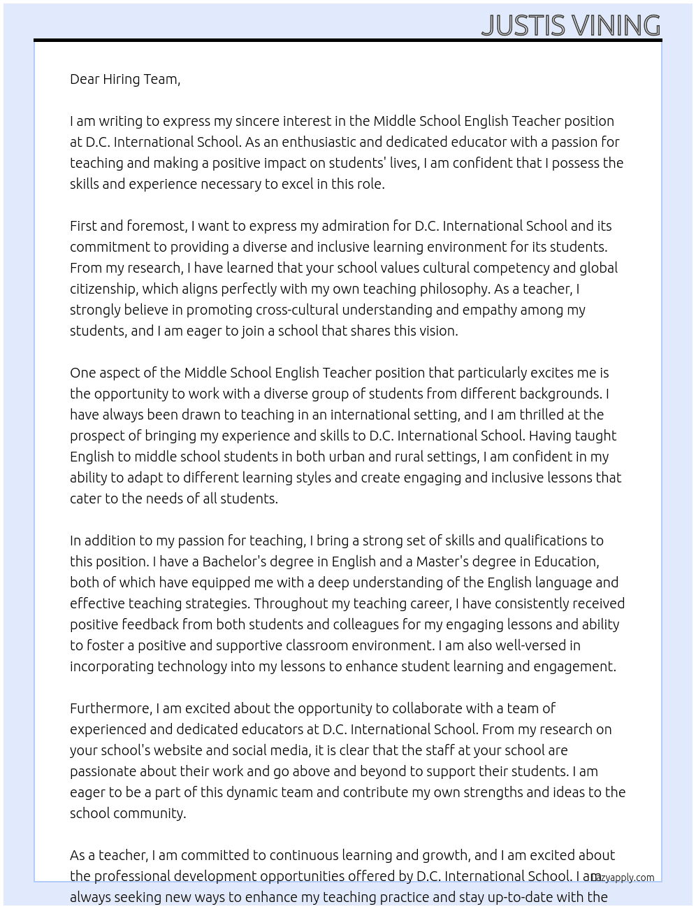 Middle School English Teacher At D.C. International School Cover Letter