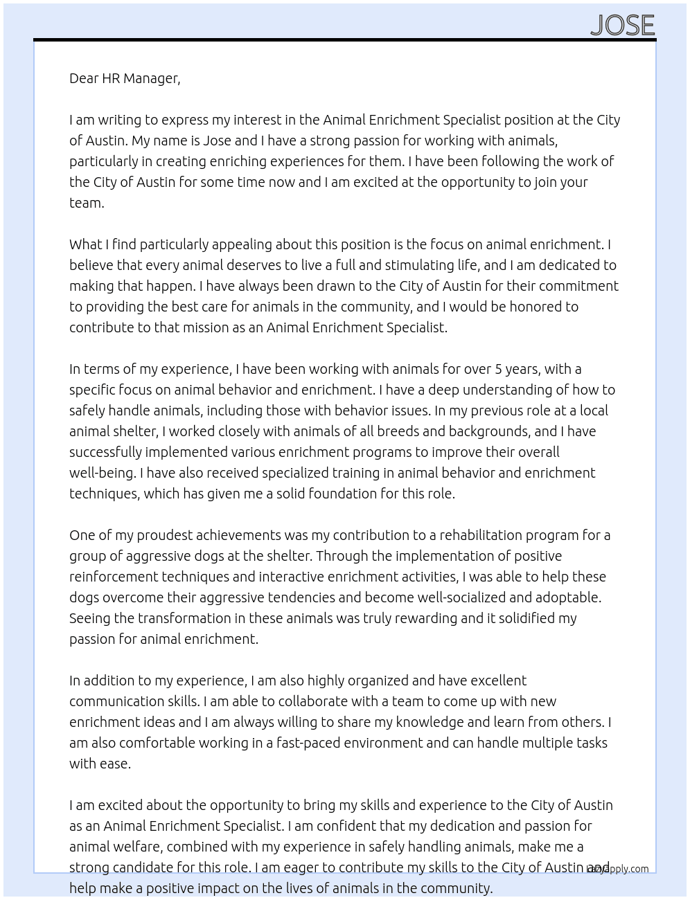 Animal Enrichment Specialist At City of Austin Cover Letter