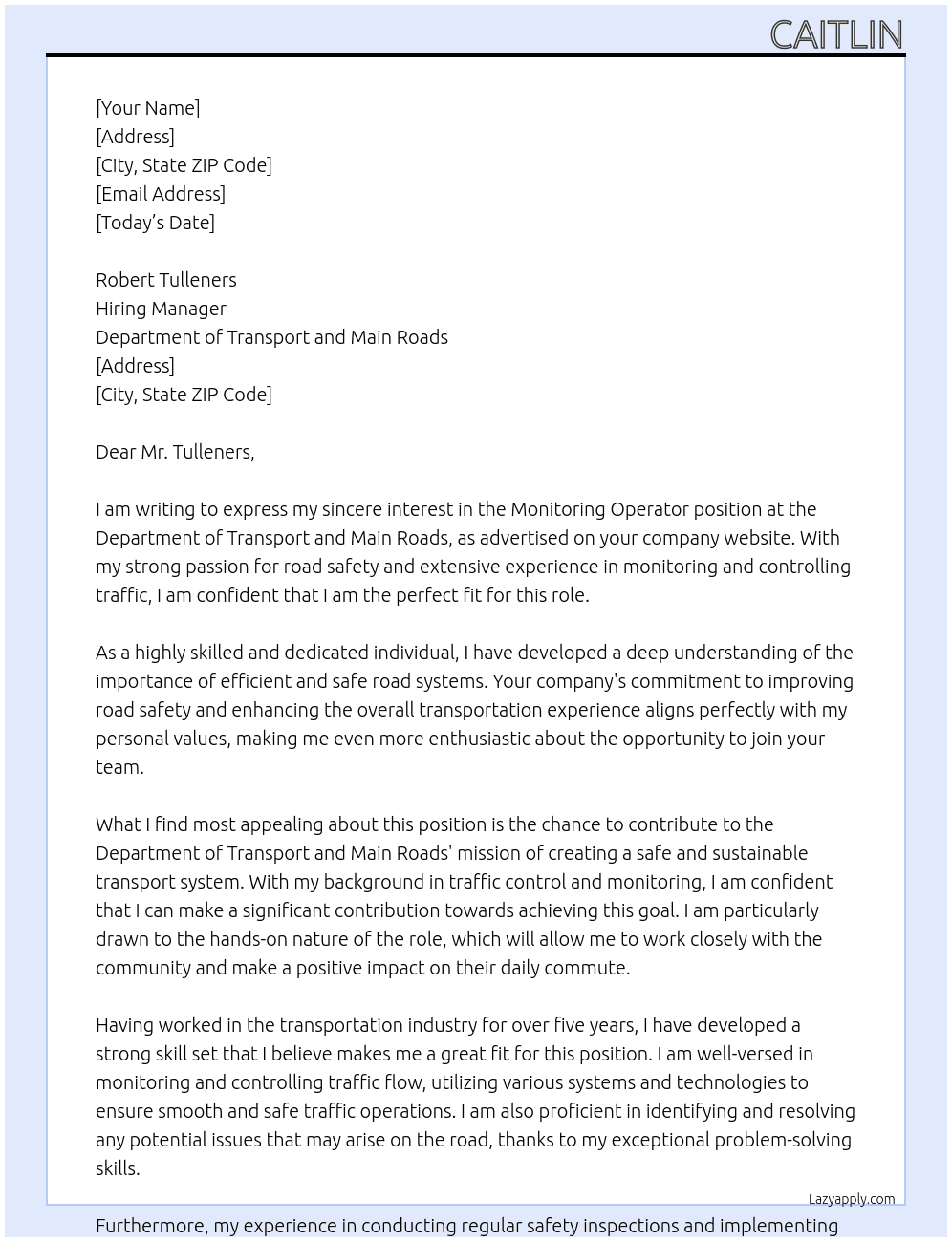Monitoring Operator At Department of Transport and Main Roads Cover Letter