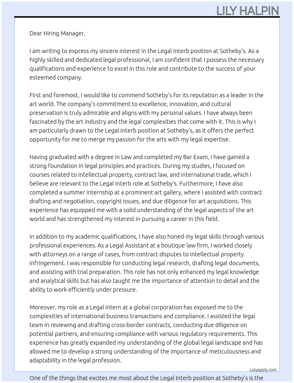 Legal Interb At Sotheby's Cover Letter