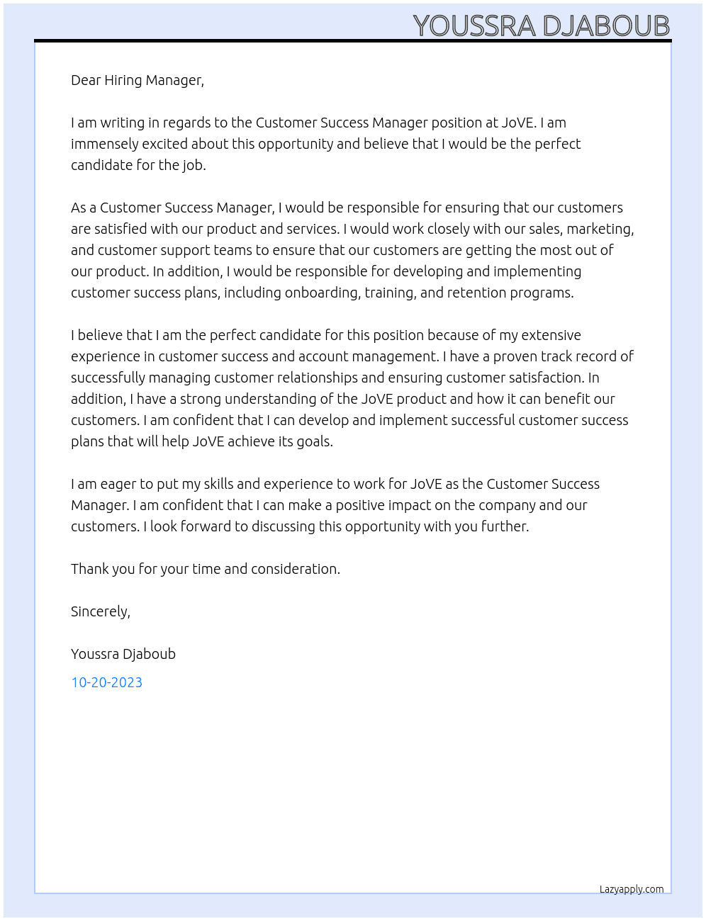 Customer Success Manager At JoVE Cover Letter
