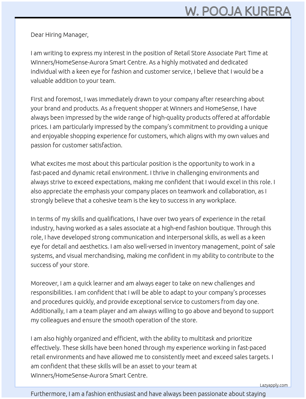 Retail Store Associate Part Time At Winners/HomeSense-Aurora Smart Centre Cover Letter