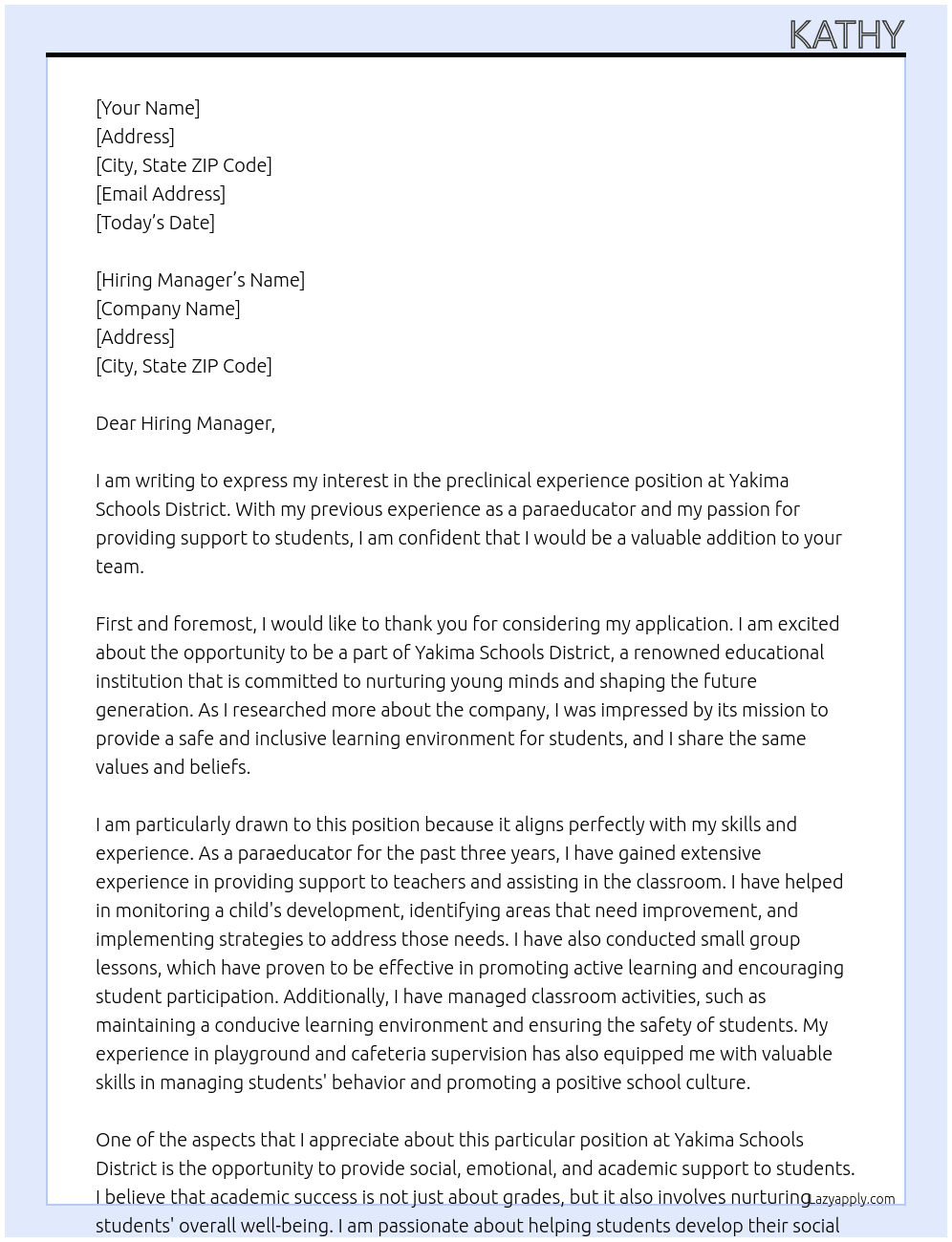 preclinical experience At yakima schools district Cover Letter