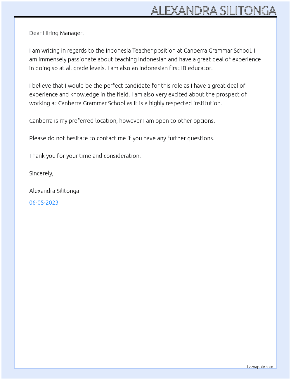 Indonesia Teacher At Canberra Grammar School Cover Letter