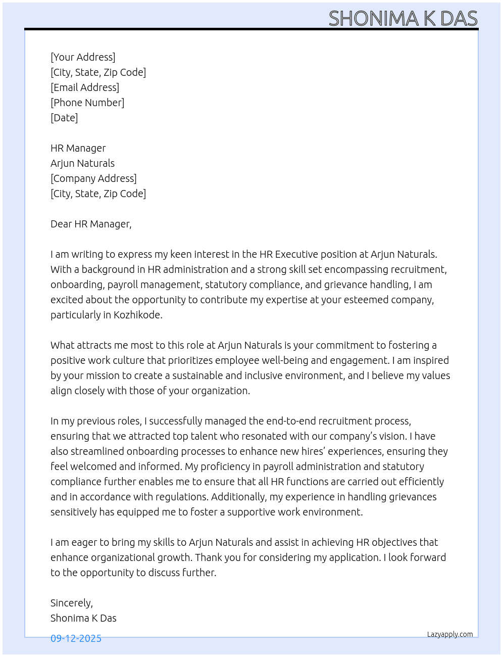 covering letter for hr executive post At Arjun Naturals Cover Letter