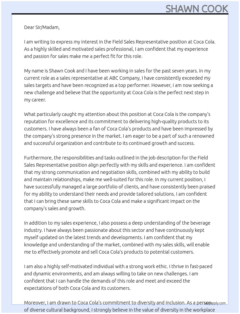 Cover letter for field sales representatives - LazyApply