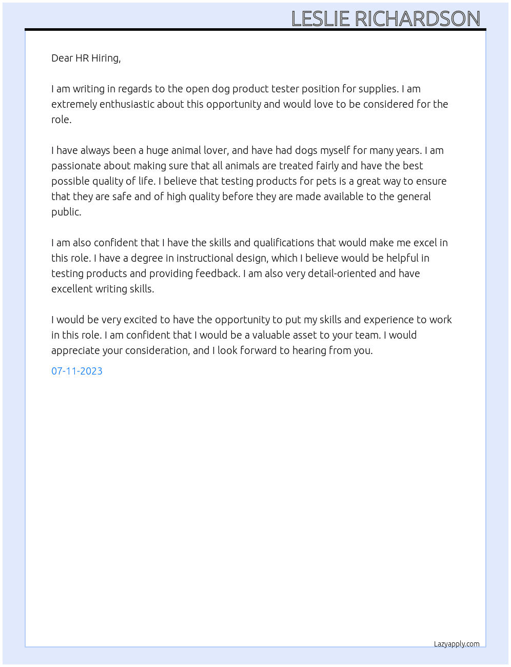 Dog product tester for supplies At Instructional Design  Cover Letter