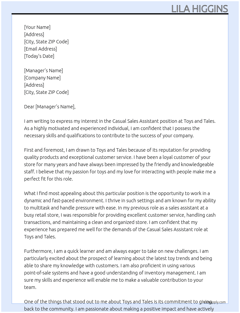 Casual Sales Assistant At Toys and Tales Cover Letter