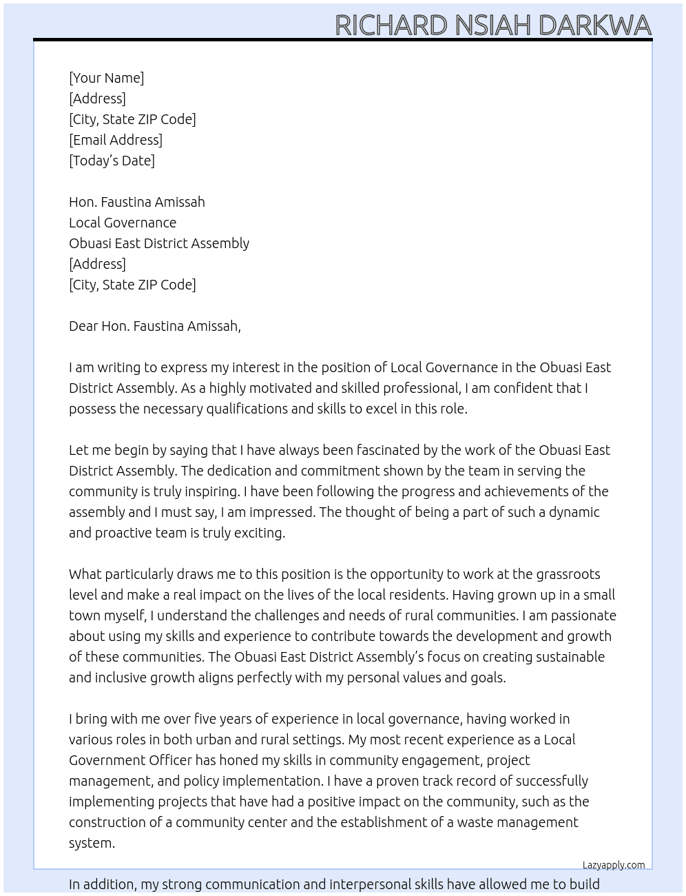 local governance At Obuasi East District Assembly Cover Letter