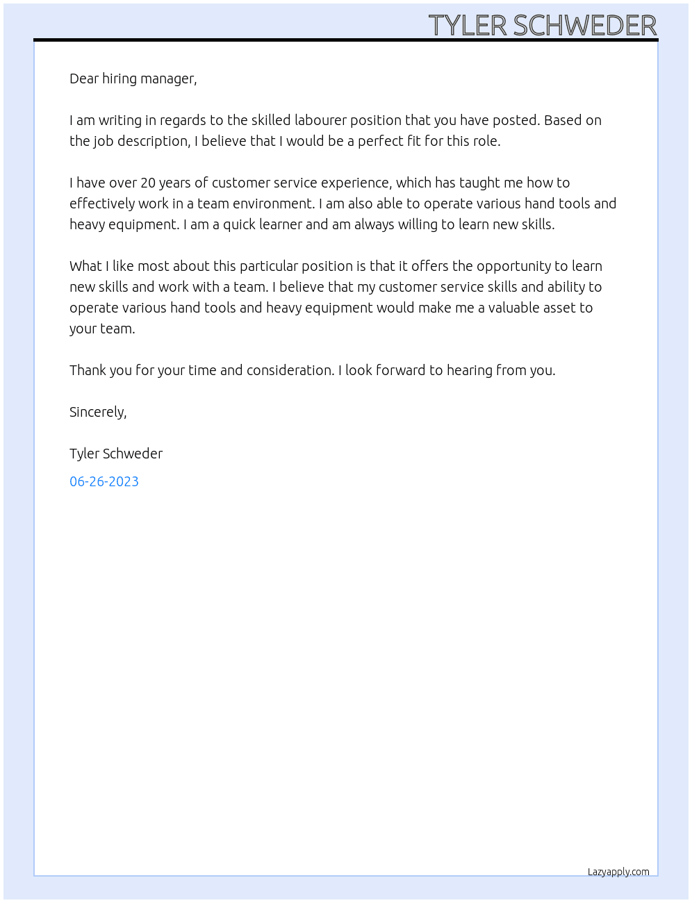 skilled labourer At Taylor/Ryan Cover Letter