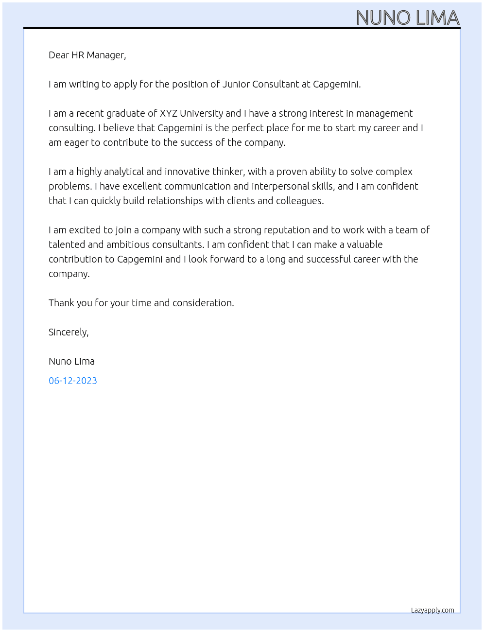 Junior Consultant At Capgemini Cover Letter