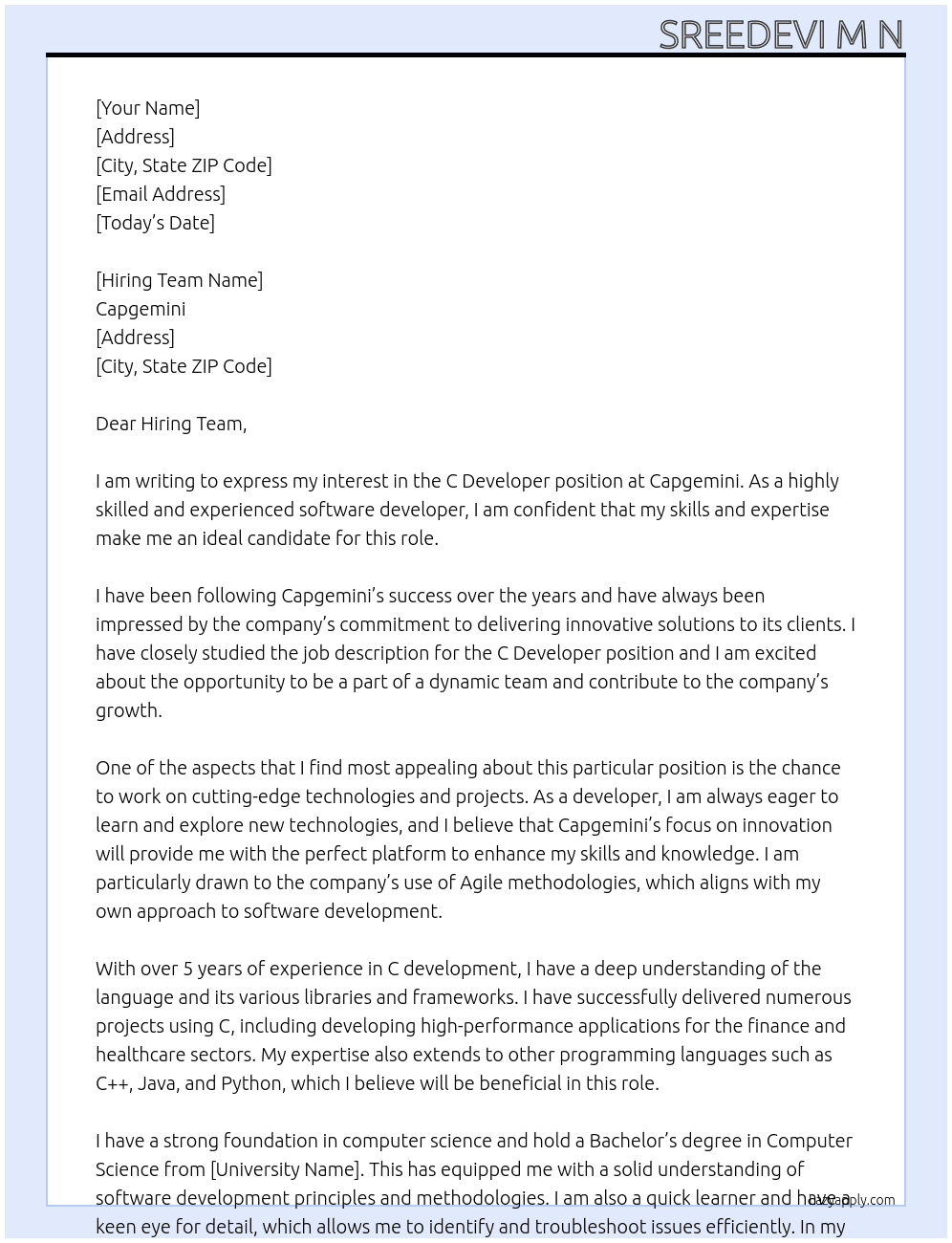Cover letter for c developer - LazyApply