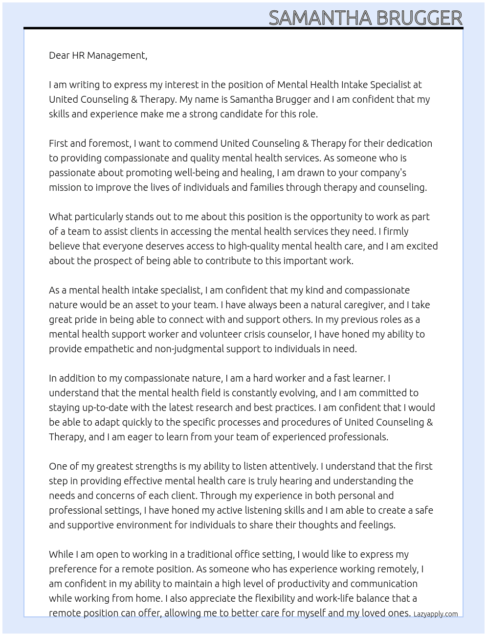 Mental Health Intake Specialist  At United Counseling & Therapy  Cover Letter