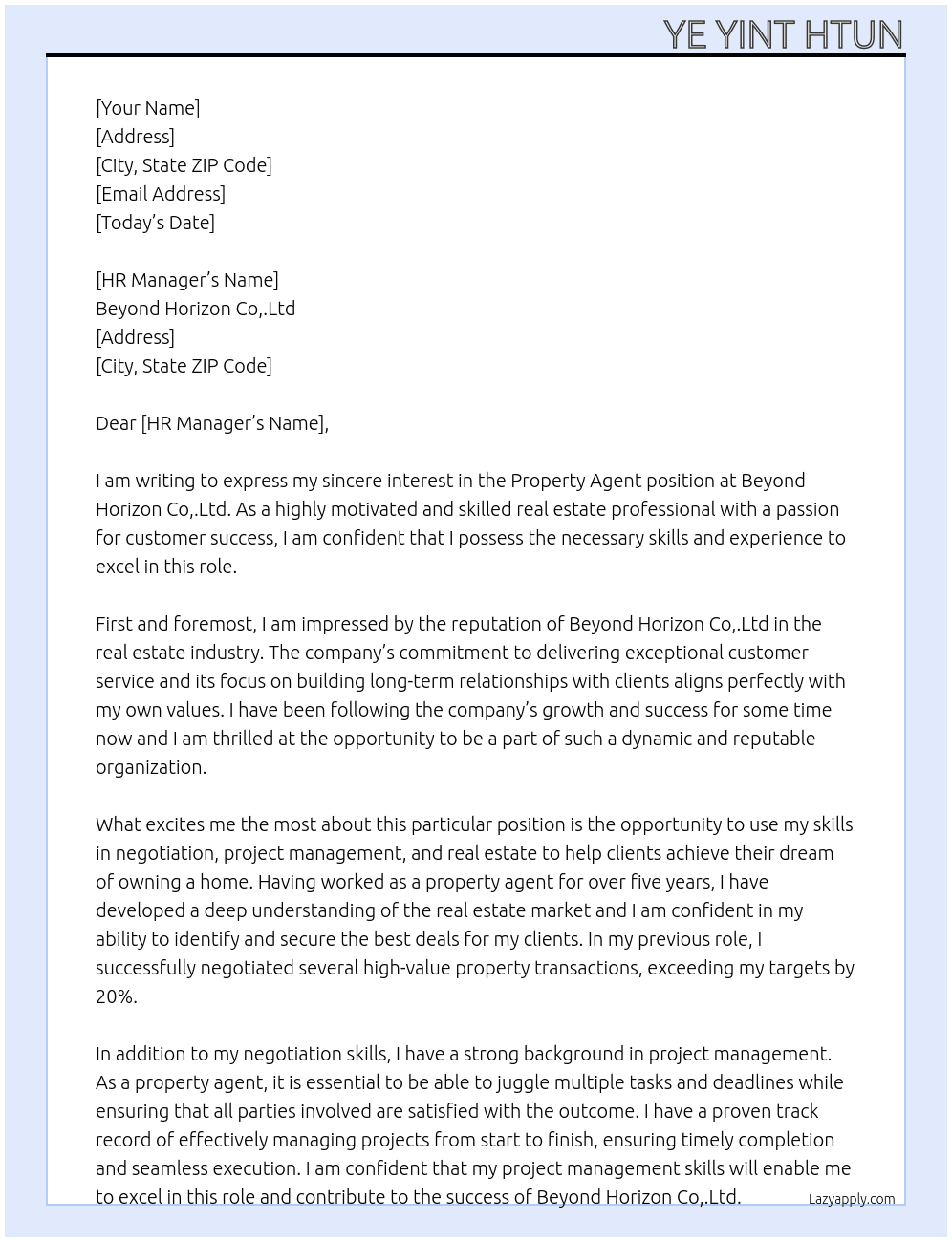 Property agent (real estate) At Beyond horizon Co,.Ltd Cover Letter