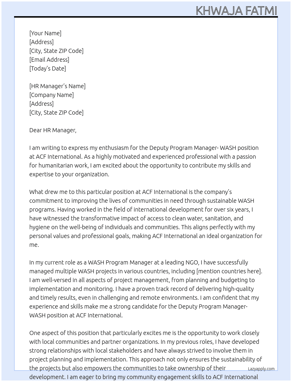 Deputy Program Manager- WASH At ACF International Cover Letter