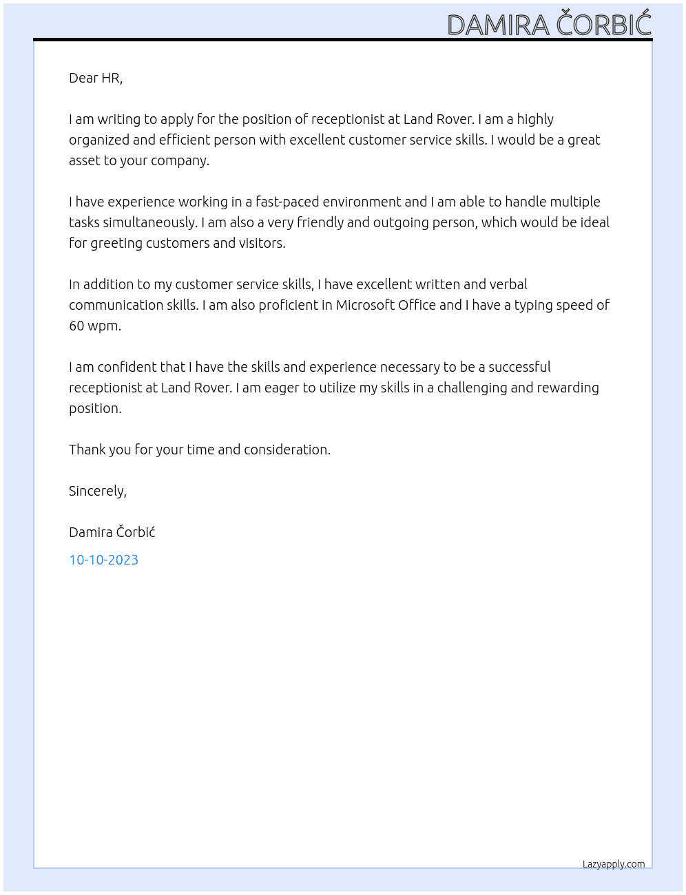 Receptionist At Land Rover Cover Letter