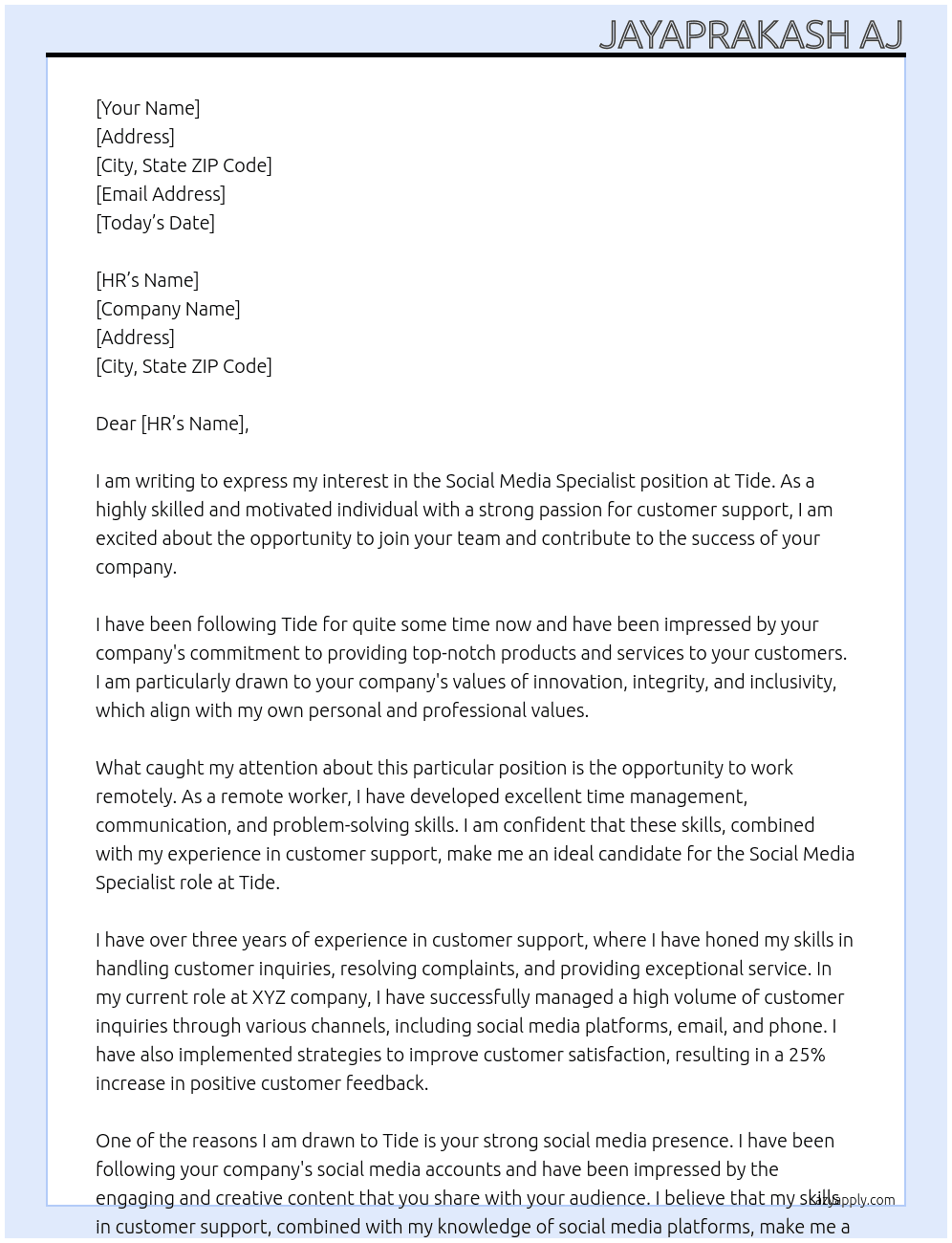 Social media specialist  At Tide Cover Letter