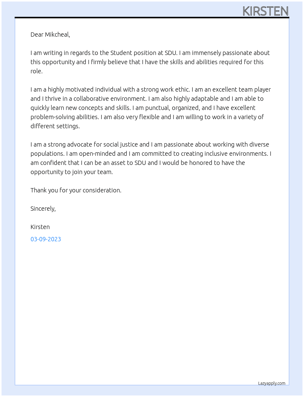 Student At SDU Cover Letter