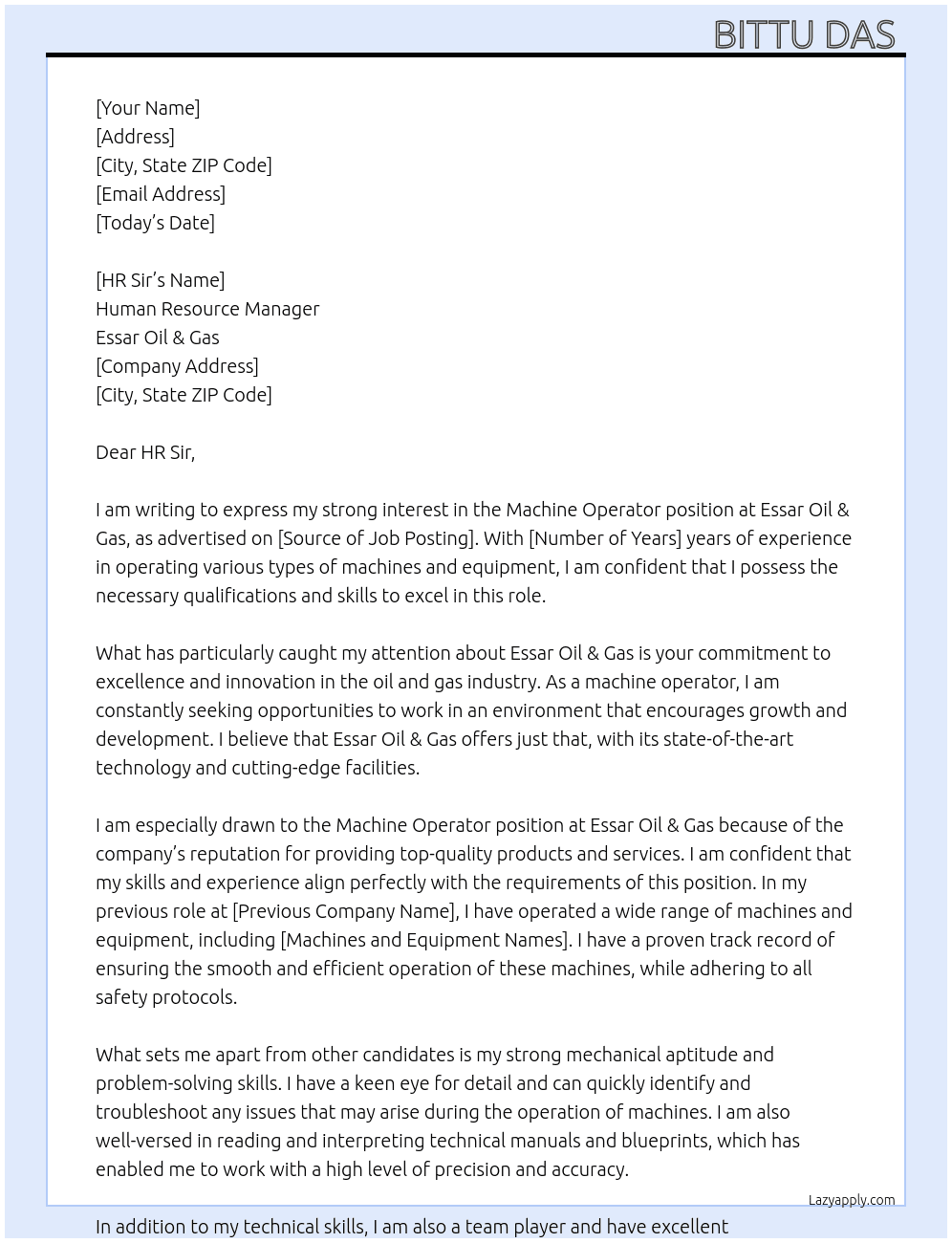Machine operator  At Essar oil & gas Cover Letter