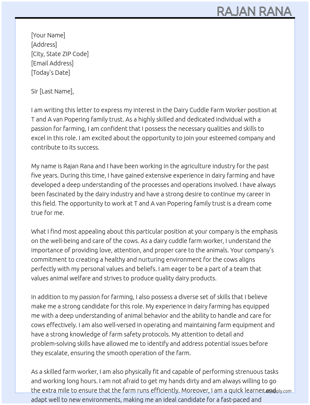 Dairy cuddle farm worker  At T and A van Popering family trust Cover Letter