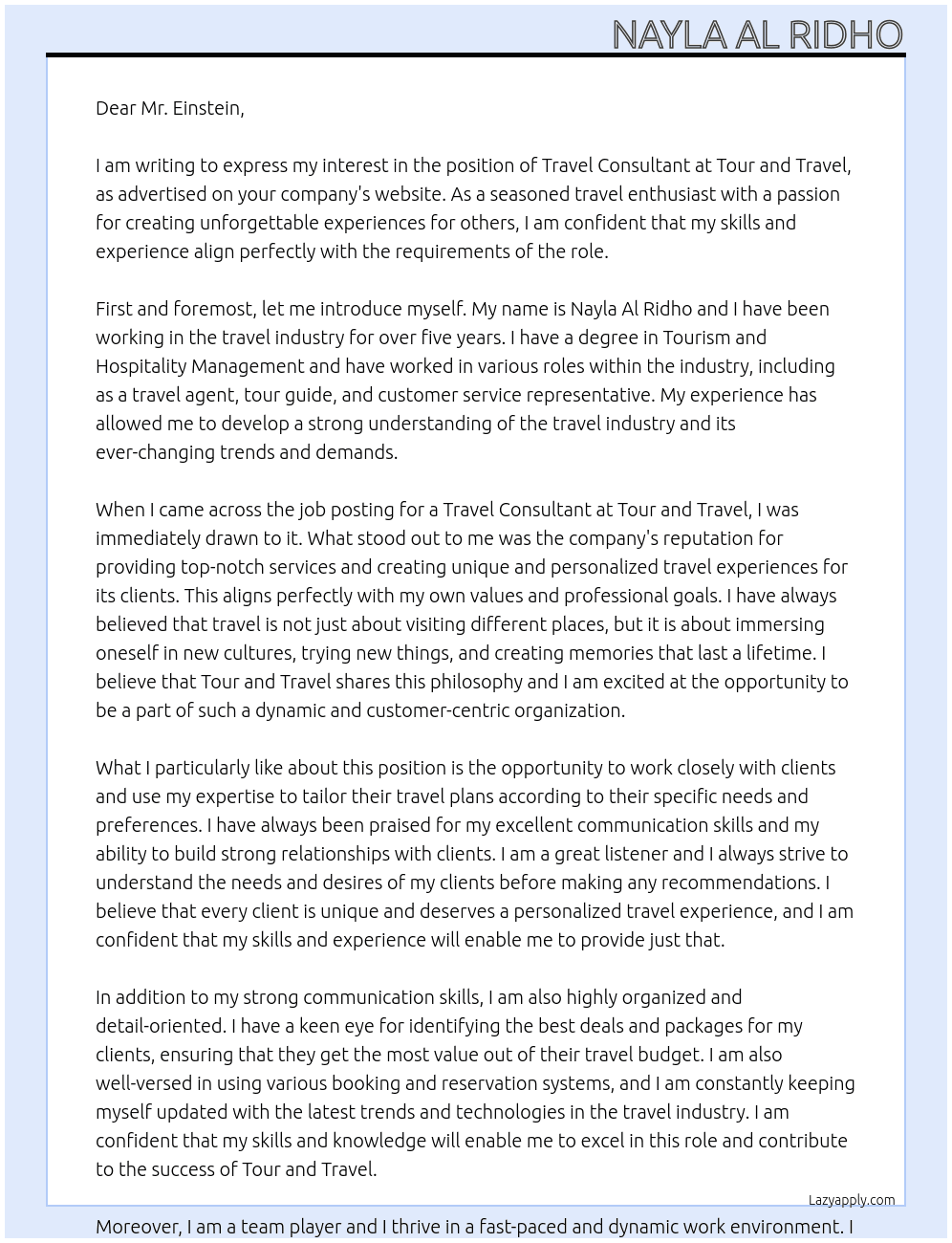 Travel Consultant At Tour and Travel Cover Letter